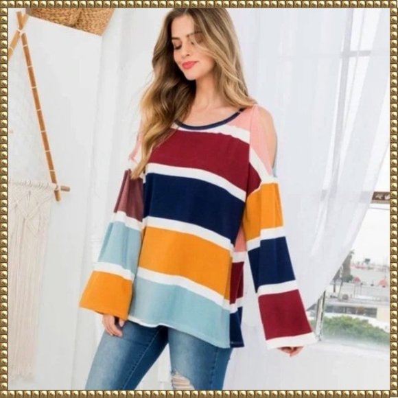 Sweaters - NWT cold shoulder colorblock lightweight bell sleeve sweater size small